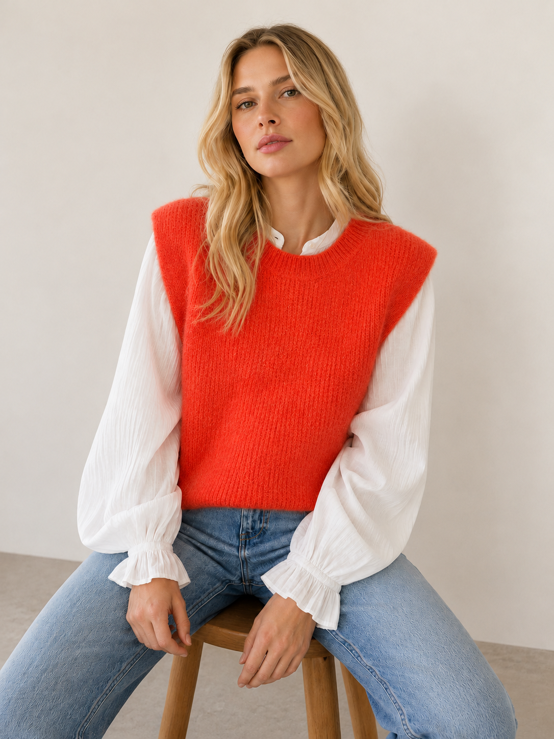 Alpaka Pullunder Alma in Rot am Model mit weißer Bluse und Jeans