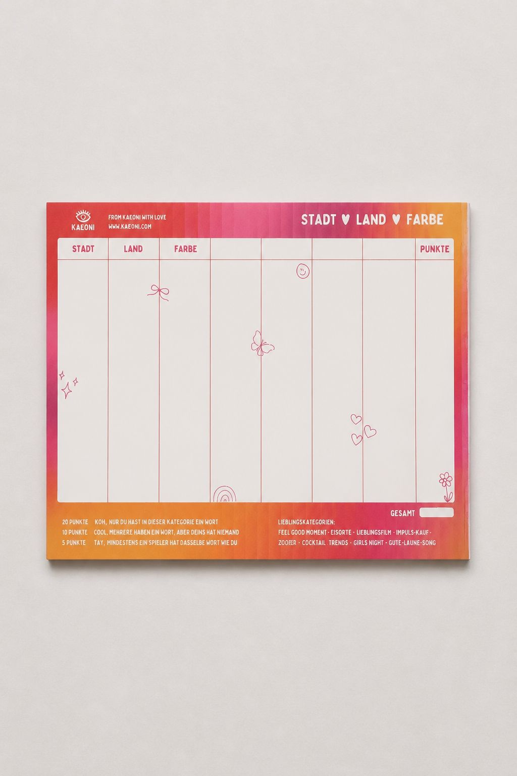 KAEONI Stadt Land Farbe Spielblock in Pink und Orange – Gesamtansicht