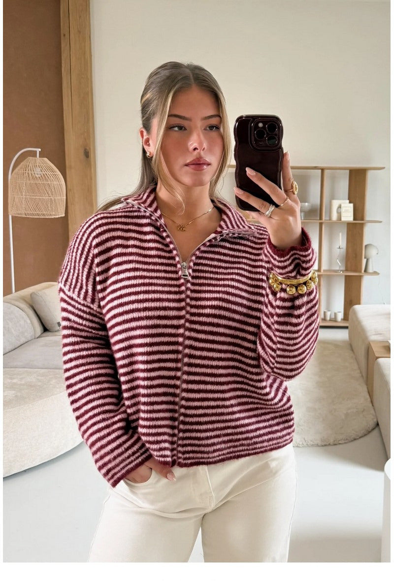 Zip-Strickjacke Juna in Burgundy gestreift – Vorderansicht