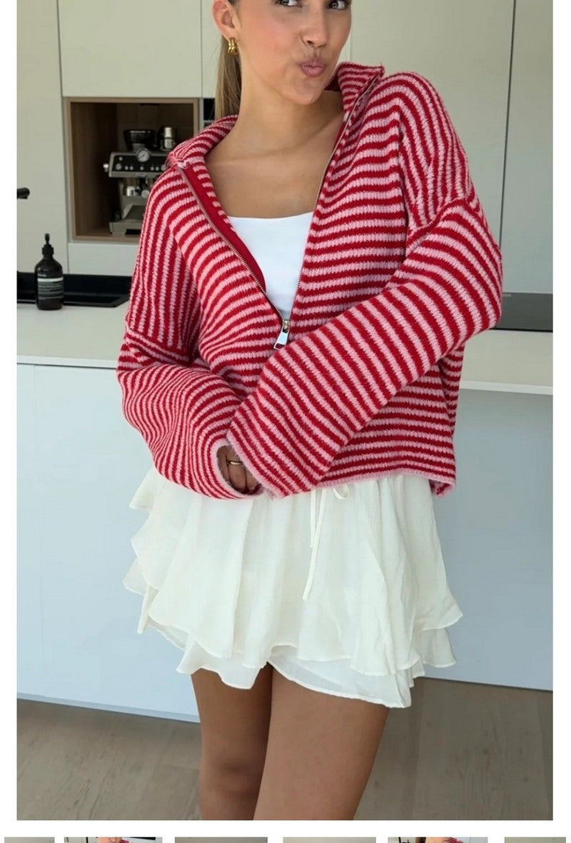 Rote Zip-Strickjacke Juna mit weitem Schnitt – Detailansicht